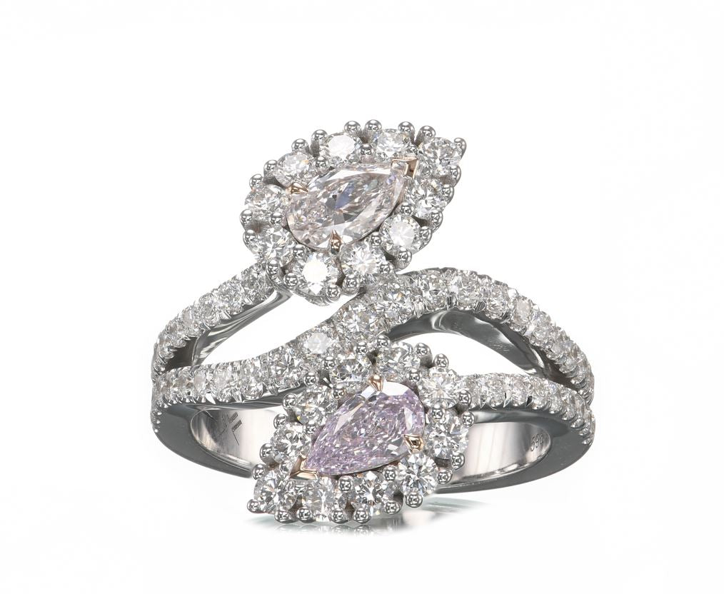  Two-stone Pear Pink Diamond Crossover Halo Ring