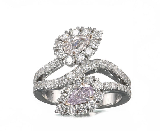  Two-stone Pear Pink Diamond Crossover Halo Ring