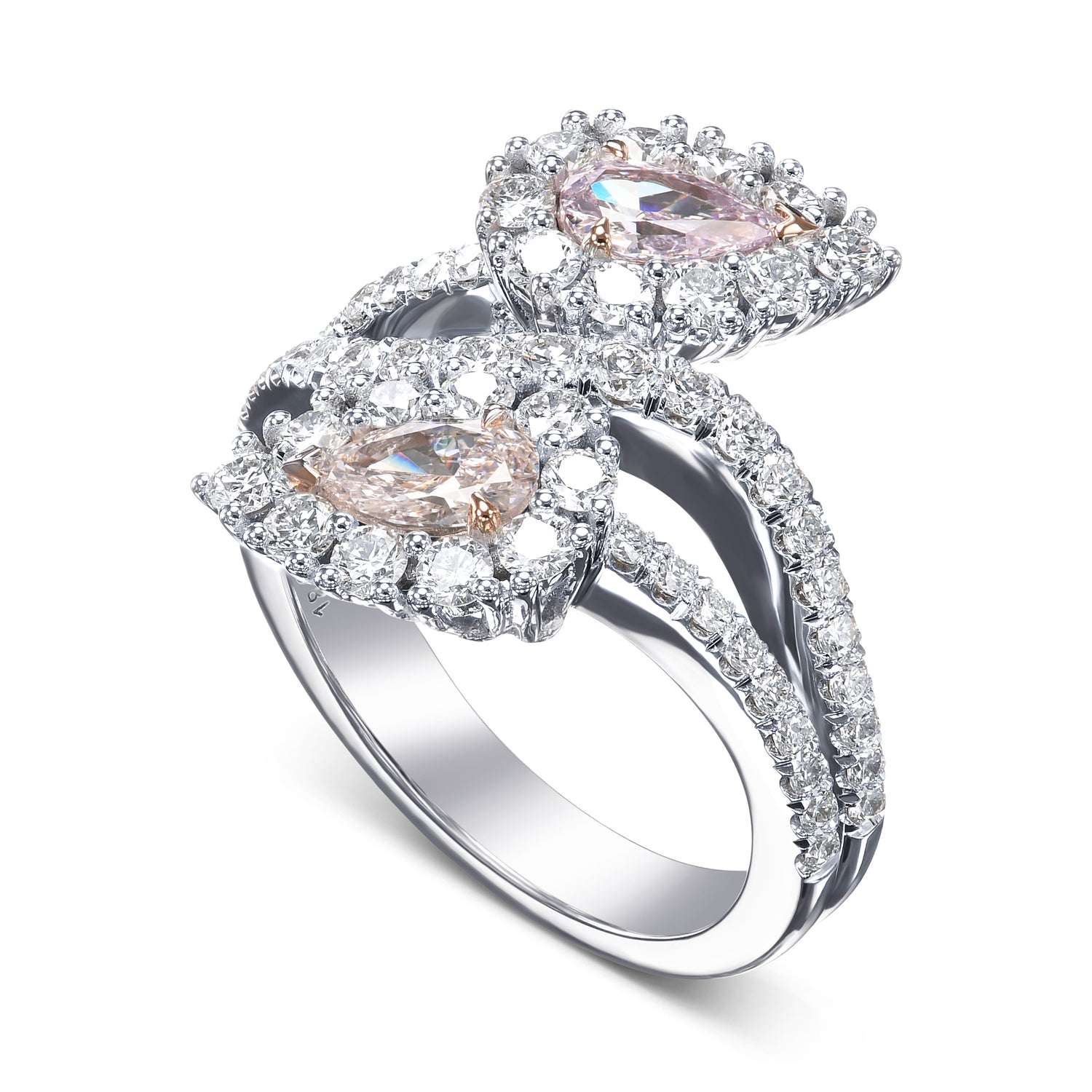  Two-stone Pear Pink Diamond Crossover Halo Ring