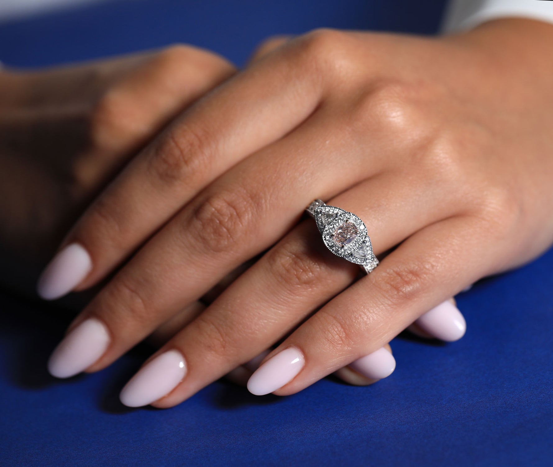 Light Brown Pink Cushion & Triangle Diamond Halo Ring