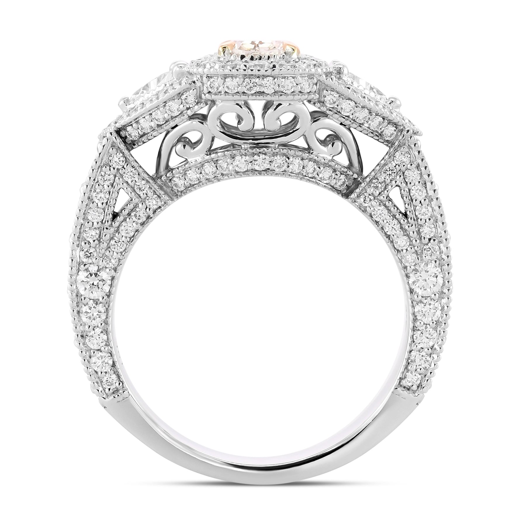 Light Brown Pink Cushion & Triangle Diamond Halo Ring