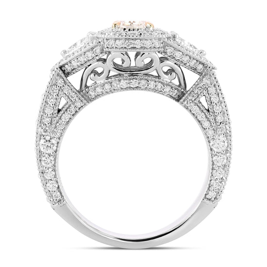 Light Brown Pink Cushion & Triangle Diamond Halo Ring