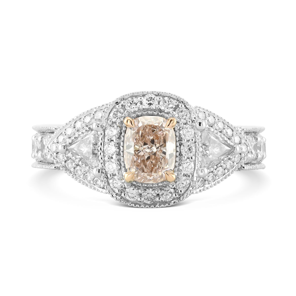 Light Brown Pink Cushion & Triangle Diamond Halo Ring