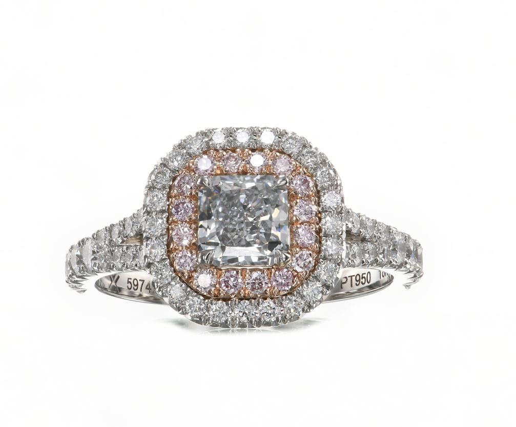 Fancy Light Blue Radiant Double Halo Diamond Ring