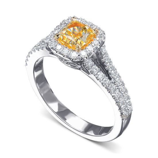 Fancy Intense Yellow Cushion Halo Diamond Ring