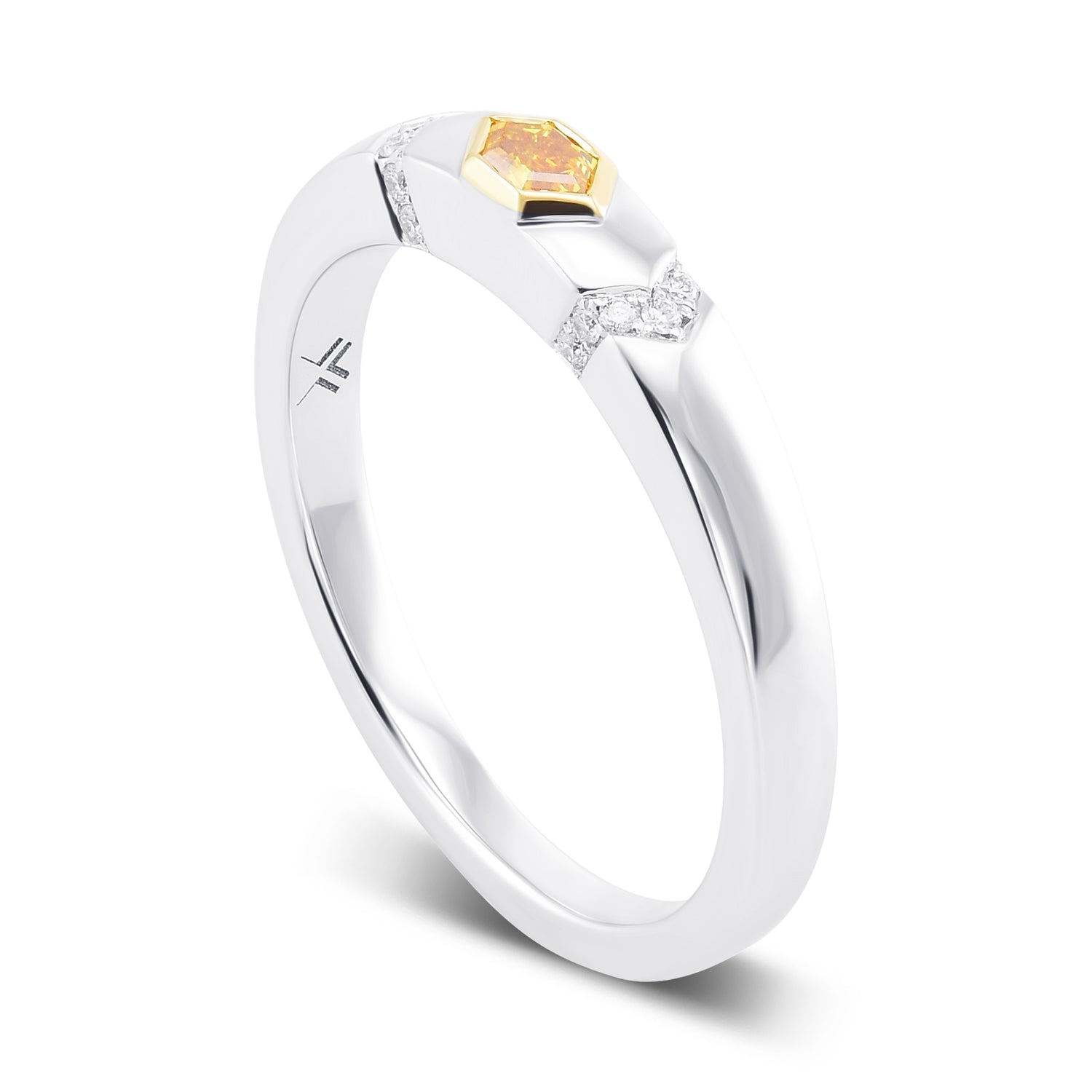 Fancy Vivid Orange Yellow Hexagonal, Bezel Accented Solitaire Diamond Ring