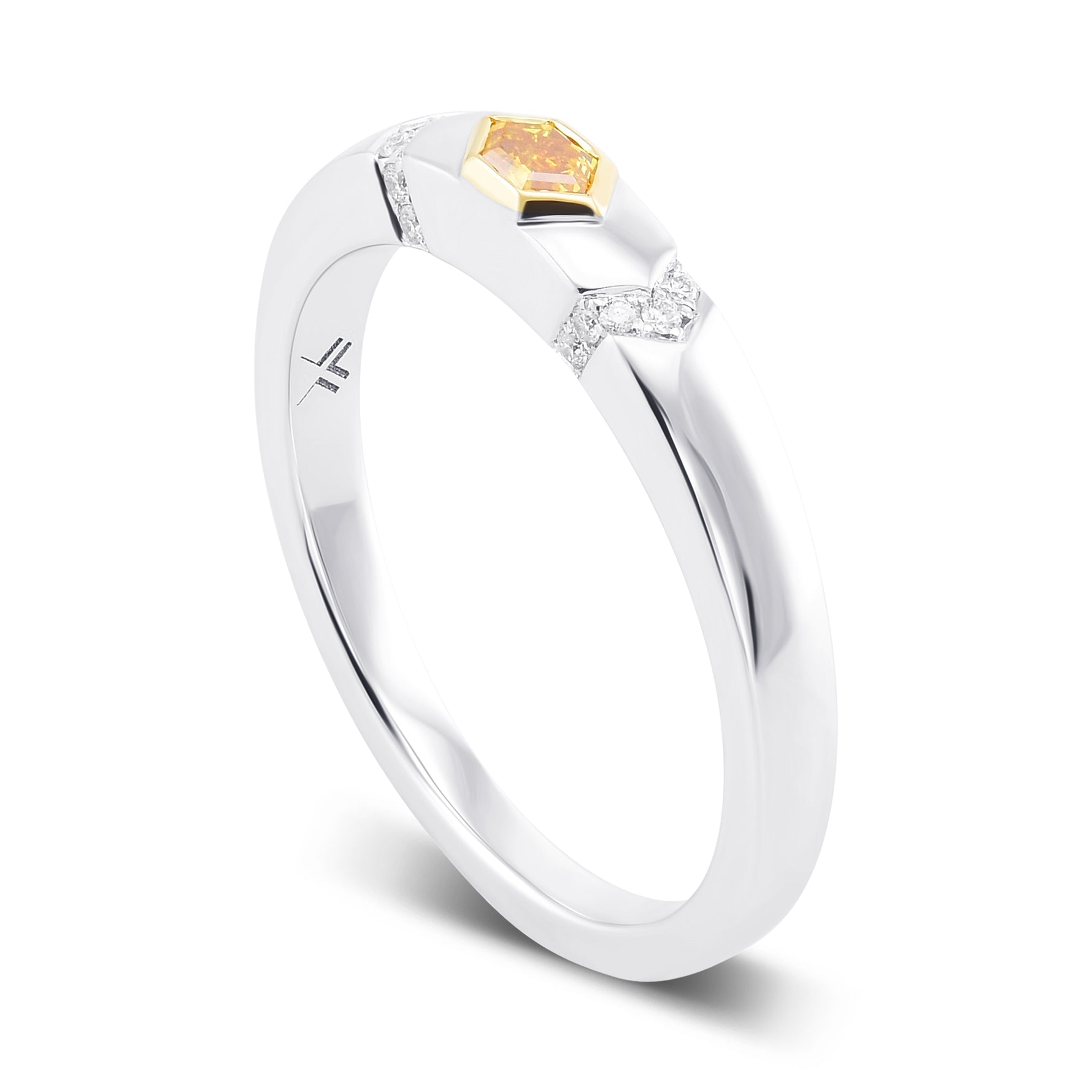 Fancy Vivid Orange Yellow Hexagonal, Bezel Accented Solitaire Diamond Ring