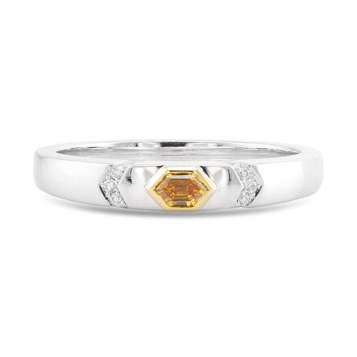 Fancy Vivid Orange Yellow Hexagonal, Bezel Accented Solitaire Diamond Ring