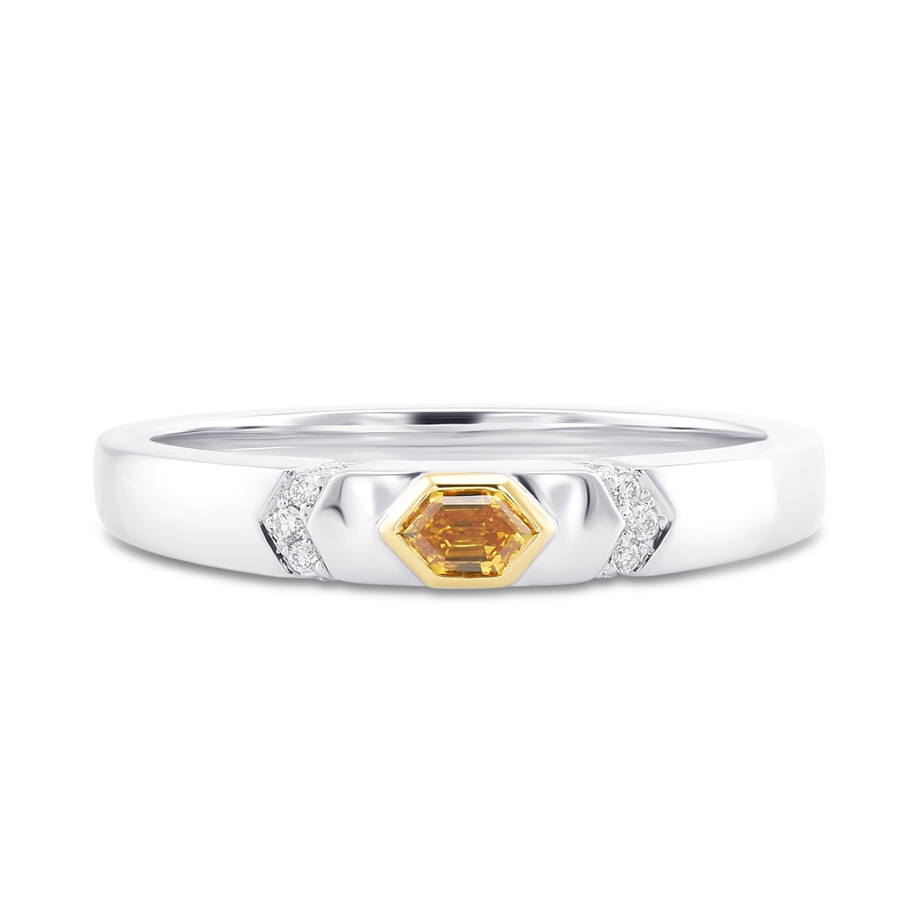 Fancy Vivid Orange Yellow Hexagonal, Bezel Accented Solitaire Diamond Ring