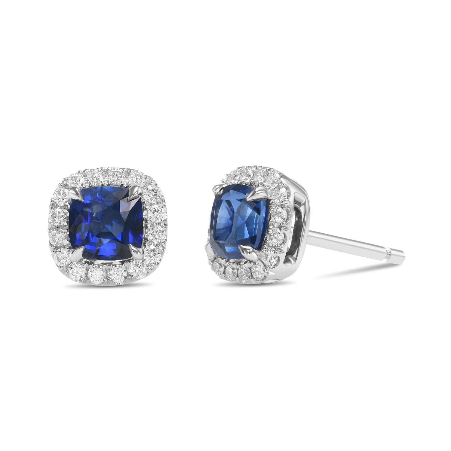 Cushion Blue Sapphire and Diamond Halo Earrings