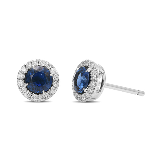 Round Blue Sapphire and Diamond Halo Earrings