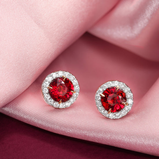 Round Red Ruby and Diamond Halo Earrings
