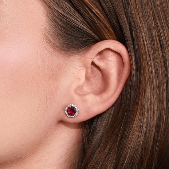 Round Red Ruby and Diamond Halo Earrings