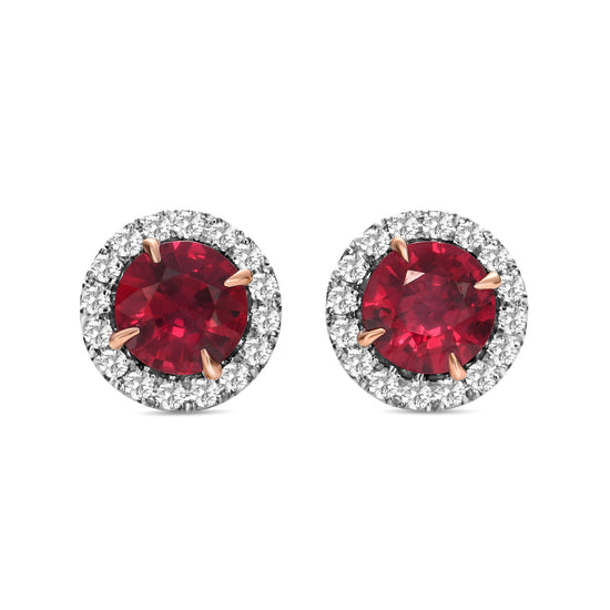 Round Red Ruby and Diamond Halo Earrings