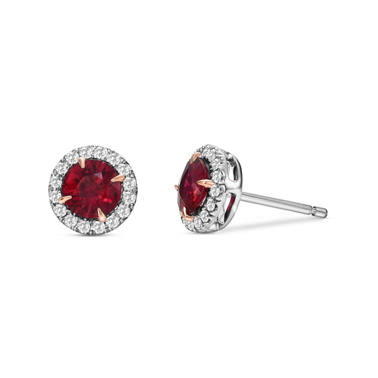 Round Red Ruby and Diamond Halo Earrings