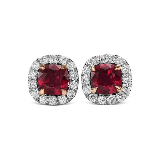 Cushion Ruby and Diamond Halo Earrings
