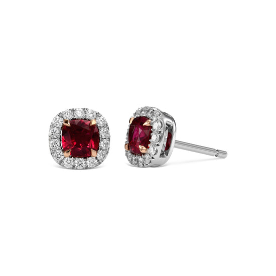 Cushion Ruby and Diamond Halo Earrings