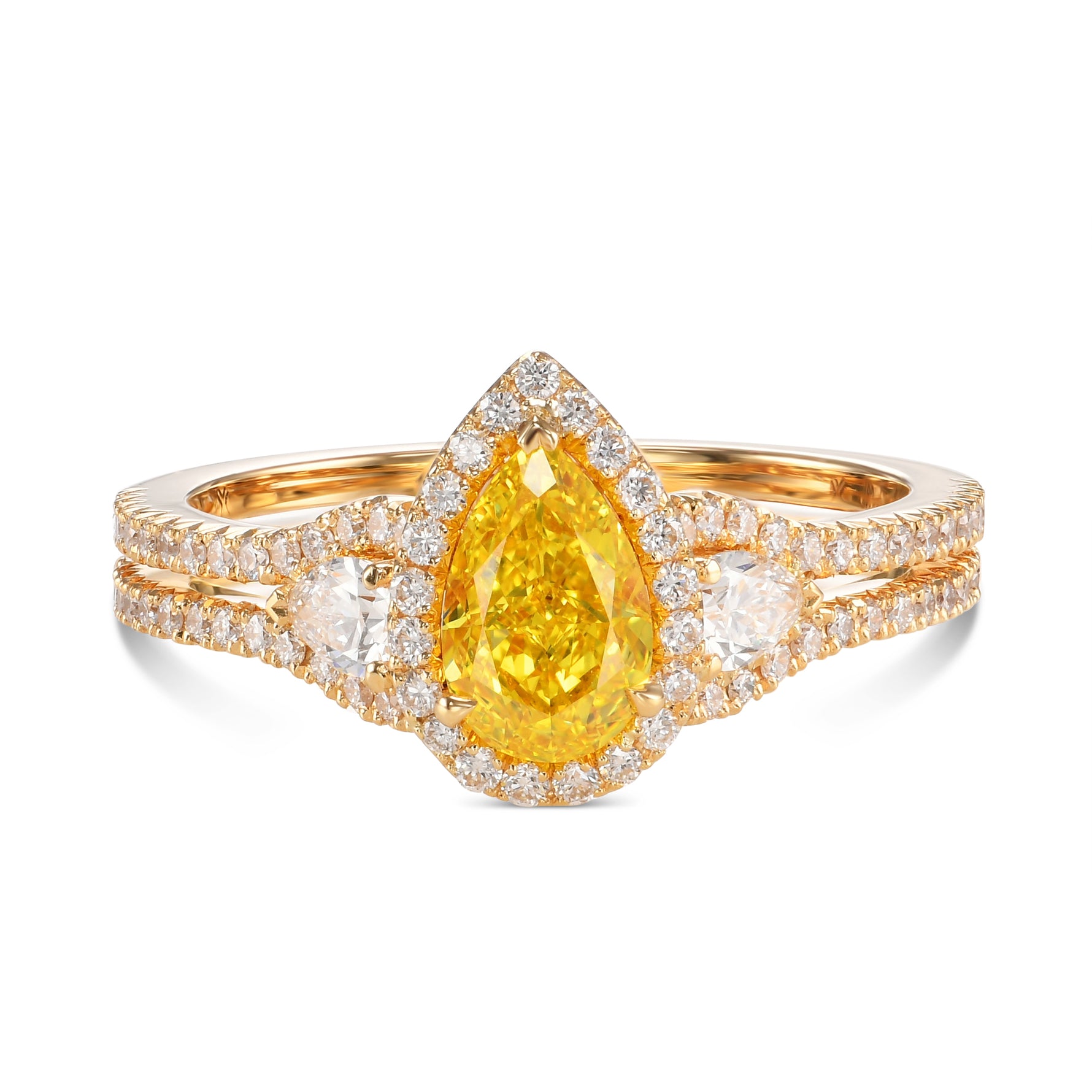 Fancy Vivid Yellow Pear Halo Diamond Ring
