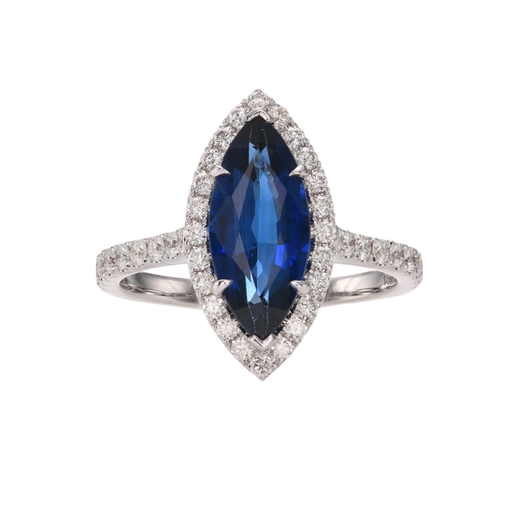 Blue Marquise Sapphire, Halo Tulip Basket Diamond Ring