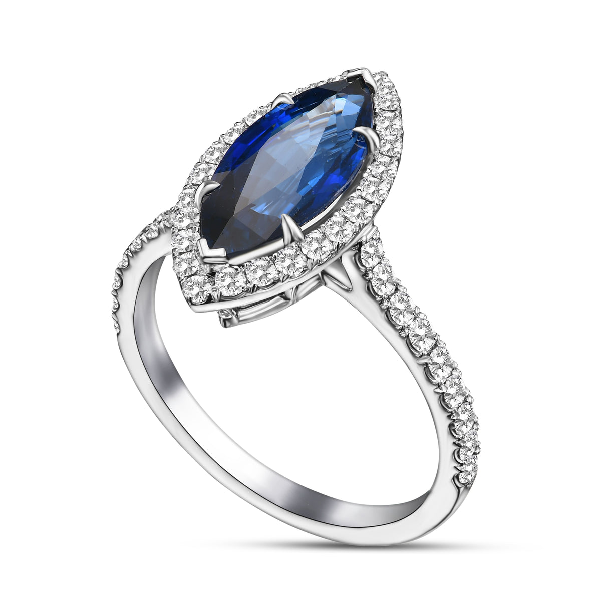 Blue Marquise Sapphire, Halo Tulip Basket Diamond Ring