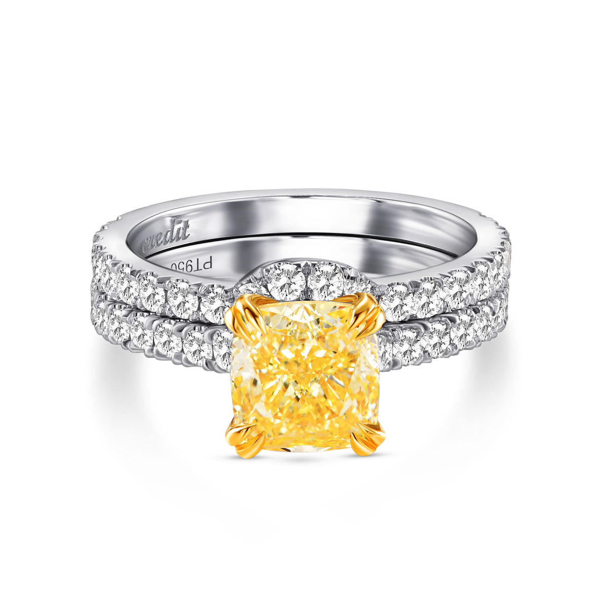 Fancy Yellow Cushion, Open Pave Diamond Engagement & Wedding Set