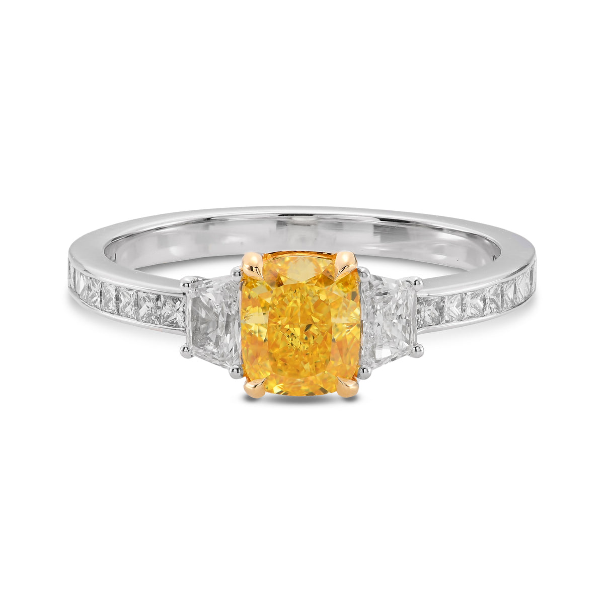 Fancy Vivid Yellow Cushion & Trapezoid Three-stone Diamond Ring