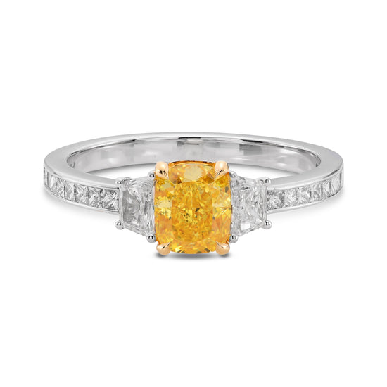 Fancy Vivid Yellow Cushion & Trapezoid Three-stone Diamond Ring