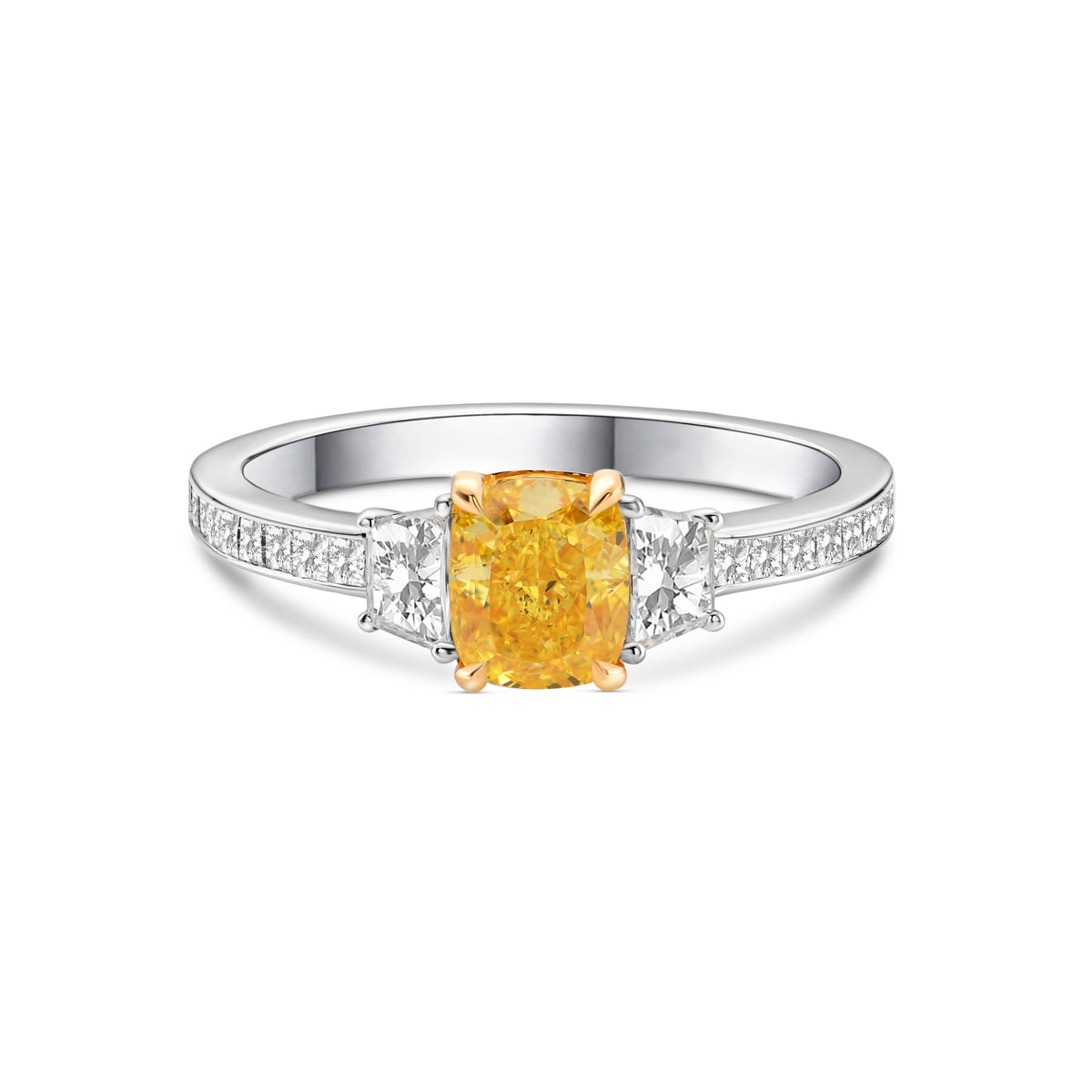 Fancy Vivid Yellow Cushion & Trapezoid Three-stone Diamond Ring