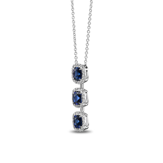 Blue Sapphire Cushion and Diamond 3 Stone Drop Halo Pendant