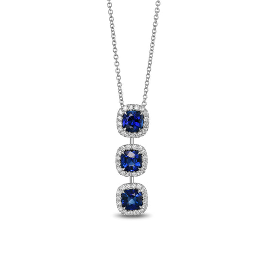 Blue Sapphire Cushion and Diamond 3 Stone Drop Halo Pendant