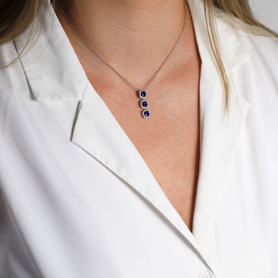 Blue Sapphire Cushion and Diamond 3 Stone Drop Halo Pendant