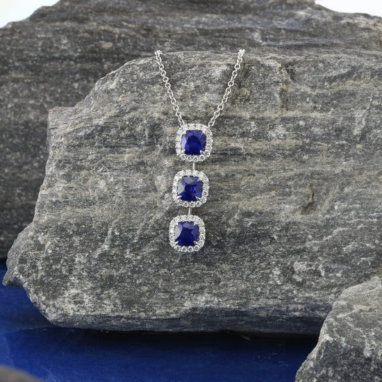 Blue Sapphire Cushion and Diamond 3 Stone Drop Halo Pendant