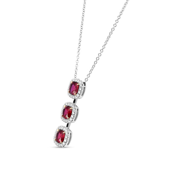 Ruby Cushion and Diamond Three-stone Drop Halo Pendant
