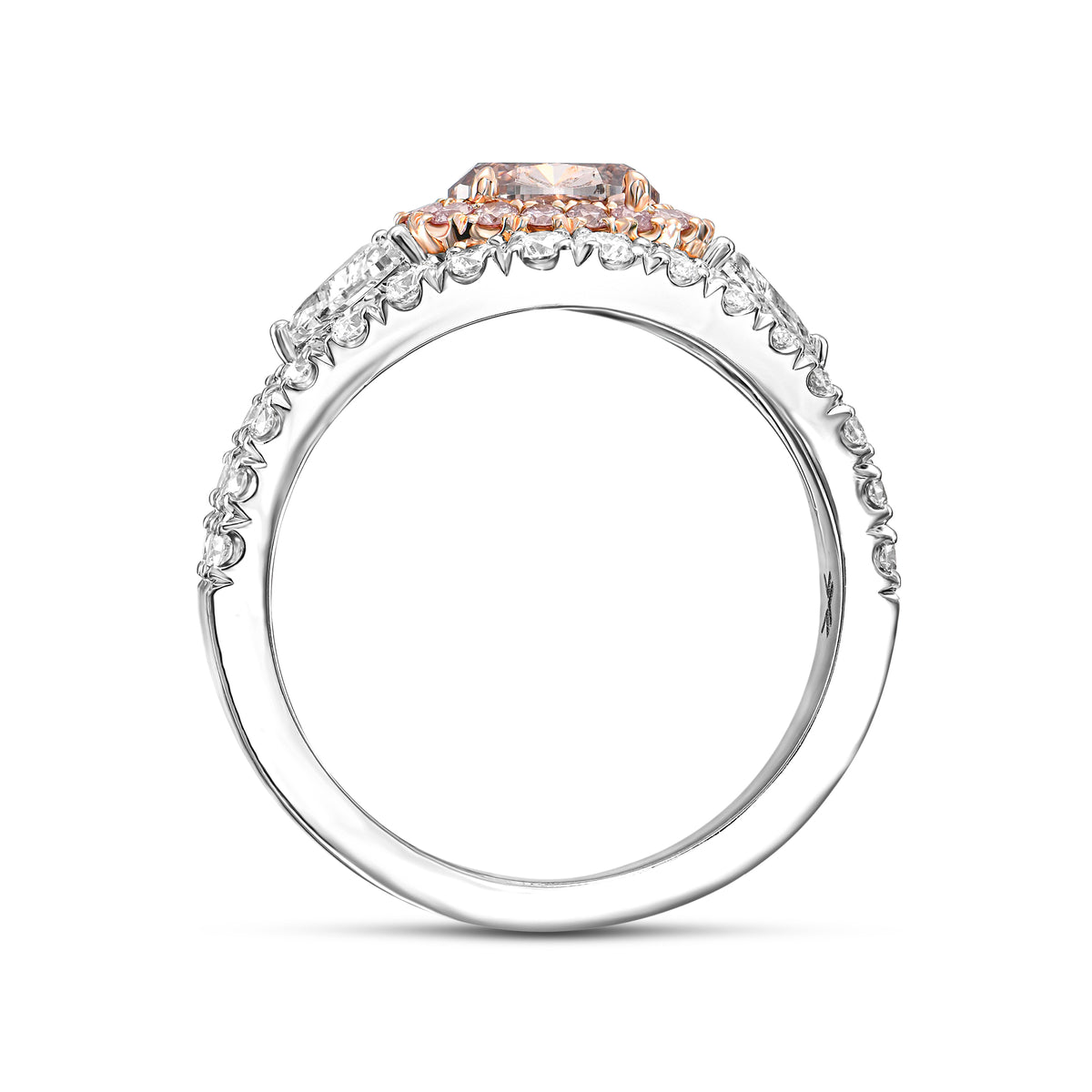 Fancy Pink Brown Oval & Triangle Three-stone Halo Diamond Ring