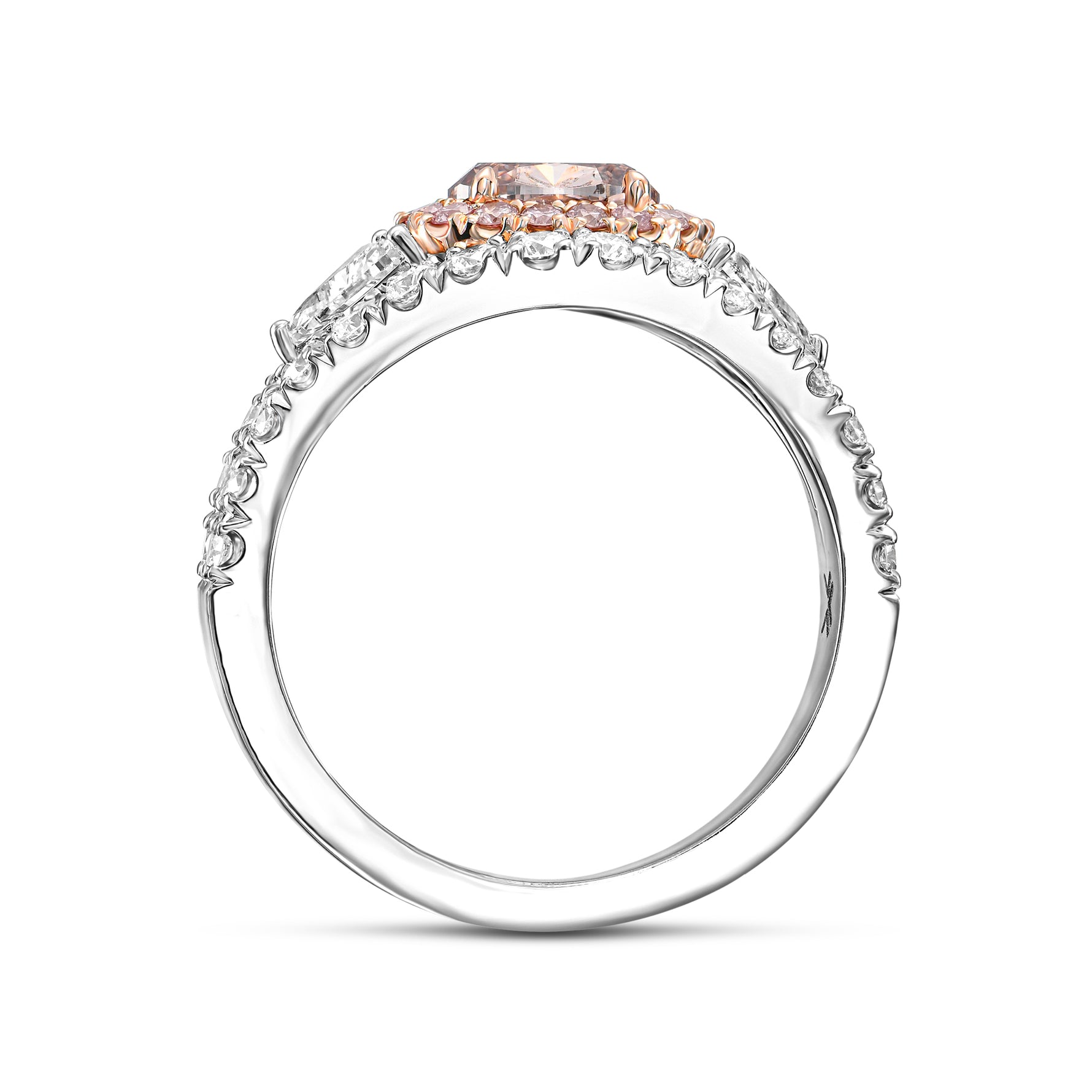 Fancy Pink Brown Oval & Triangle Three-stone Halo Diamond Ring