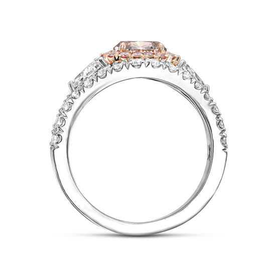 Fancy Pink Brown Oval & Triangle Three-stone Halo Diamond Ring