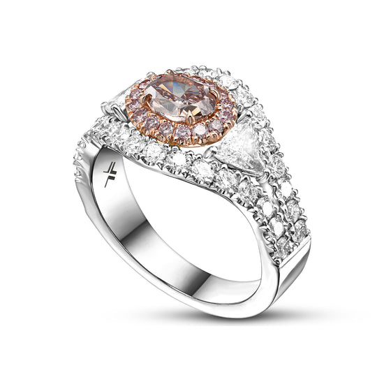 Fancy Pink Brown Oval & Triangle Three-stone Halo Diamond Ring