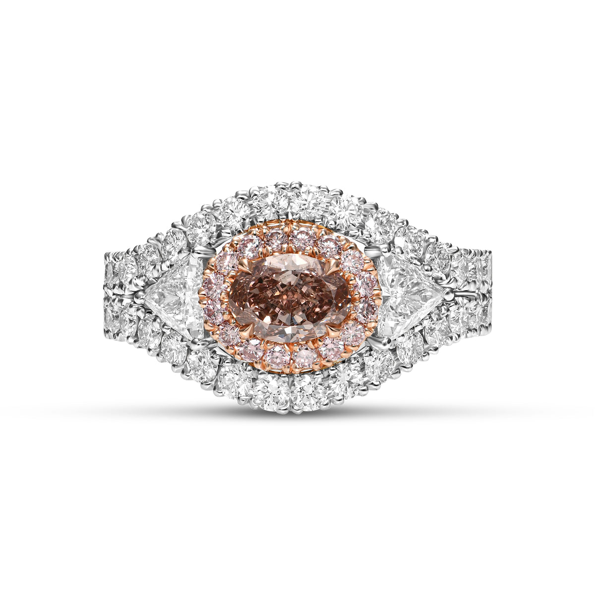 Fancy Pink Brown Oval & Triangle Three-stone Halo Diamond Ring