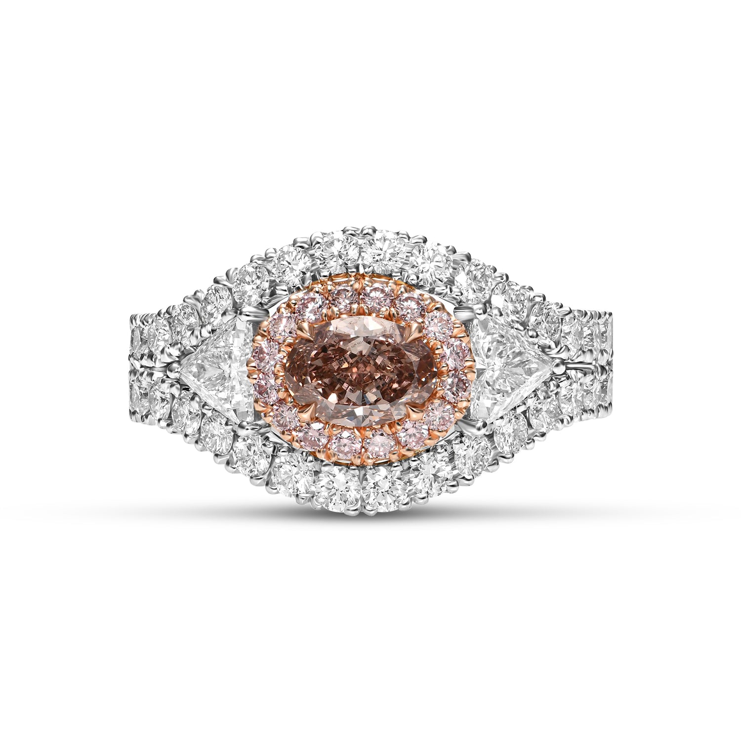 Fancy Pink Brown Oval & Triangle Three-stone Halo Diamond Ring