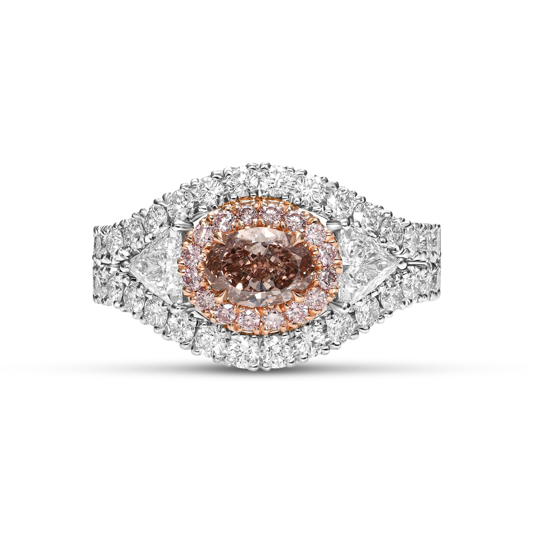 Fancy Pink Brown Oval & Triangle Three-stone Halo Diamond Ring