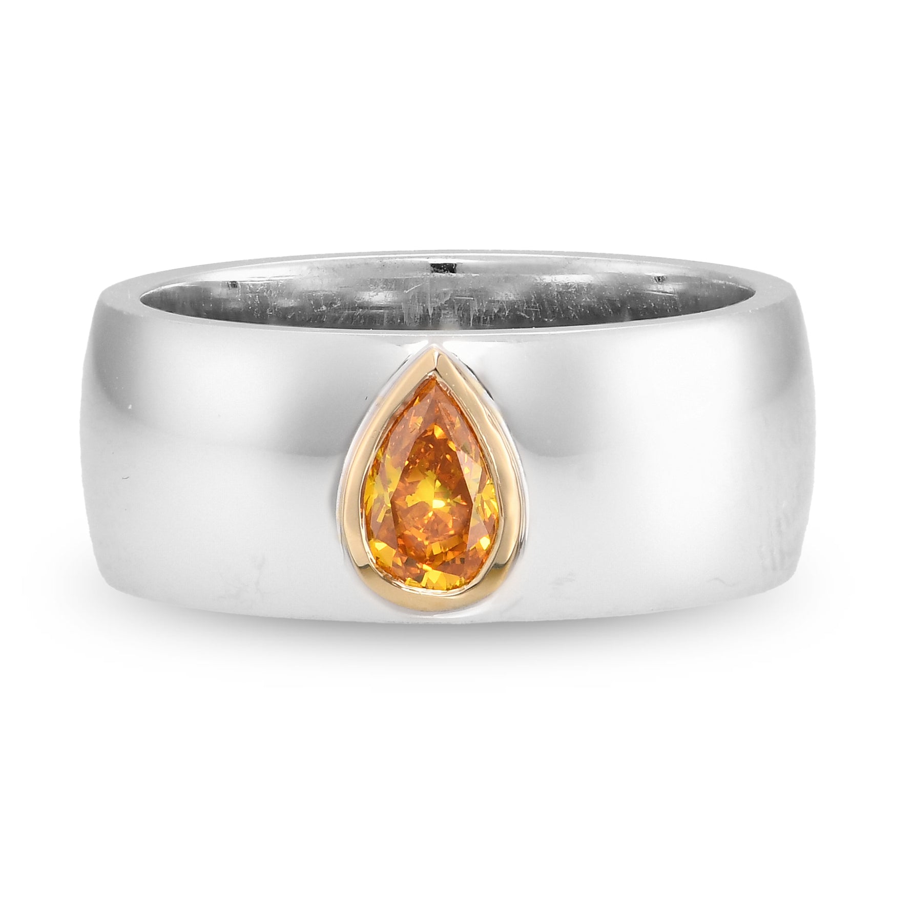 Fancy Vivid Orange Yellow Pear Diamond Solitaire Band Ring 