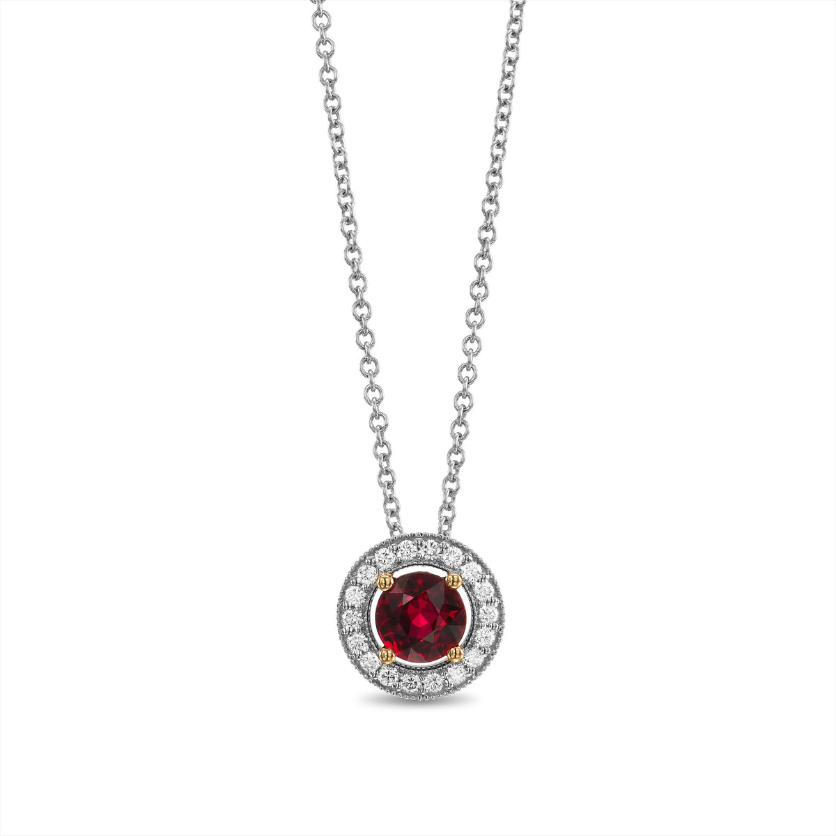 Round Red Ruby and Diamond Halo Pendant