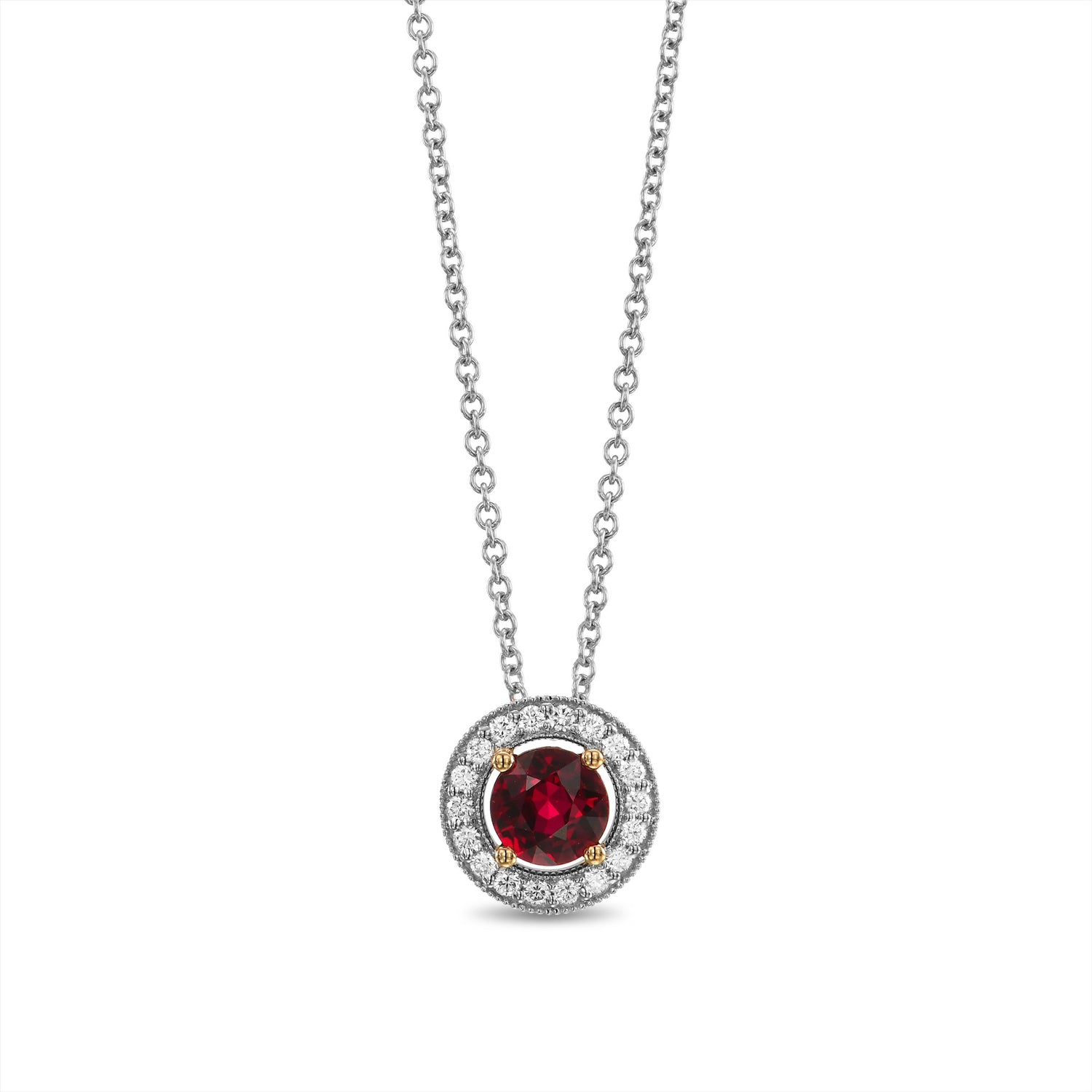 Round Red Ruby and Diamond Halo Pendant