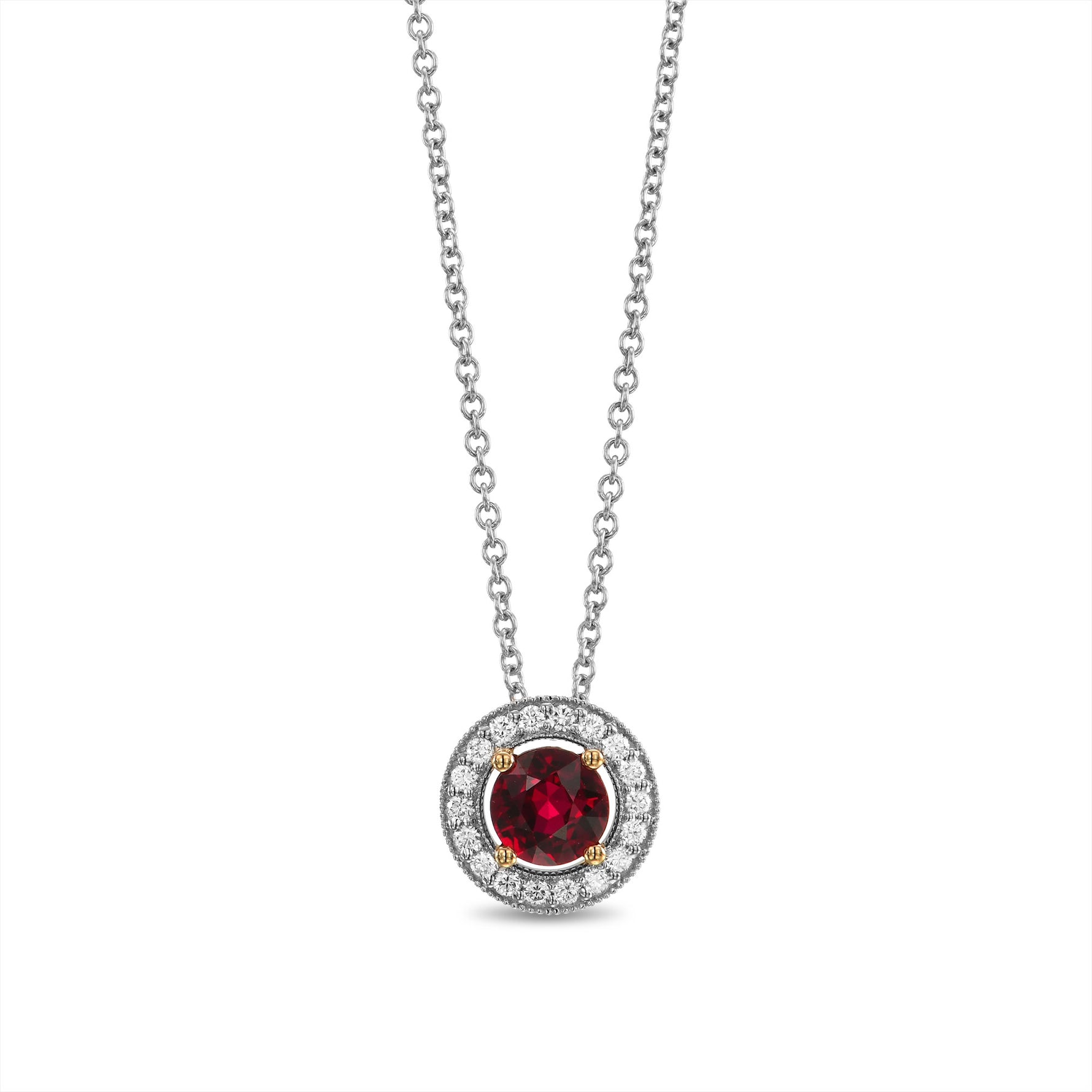 Round Red Ruby and Diamond Halo Pendant