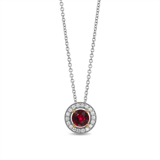 Round Red Ruby and Diamond Halo Pendant