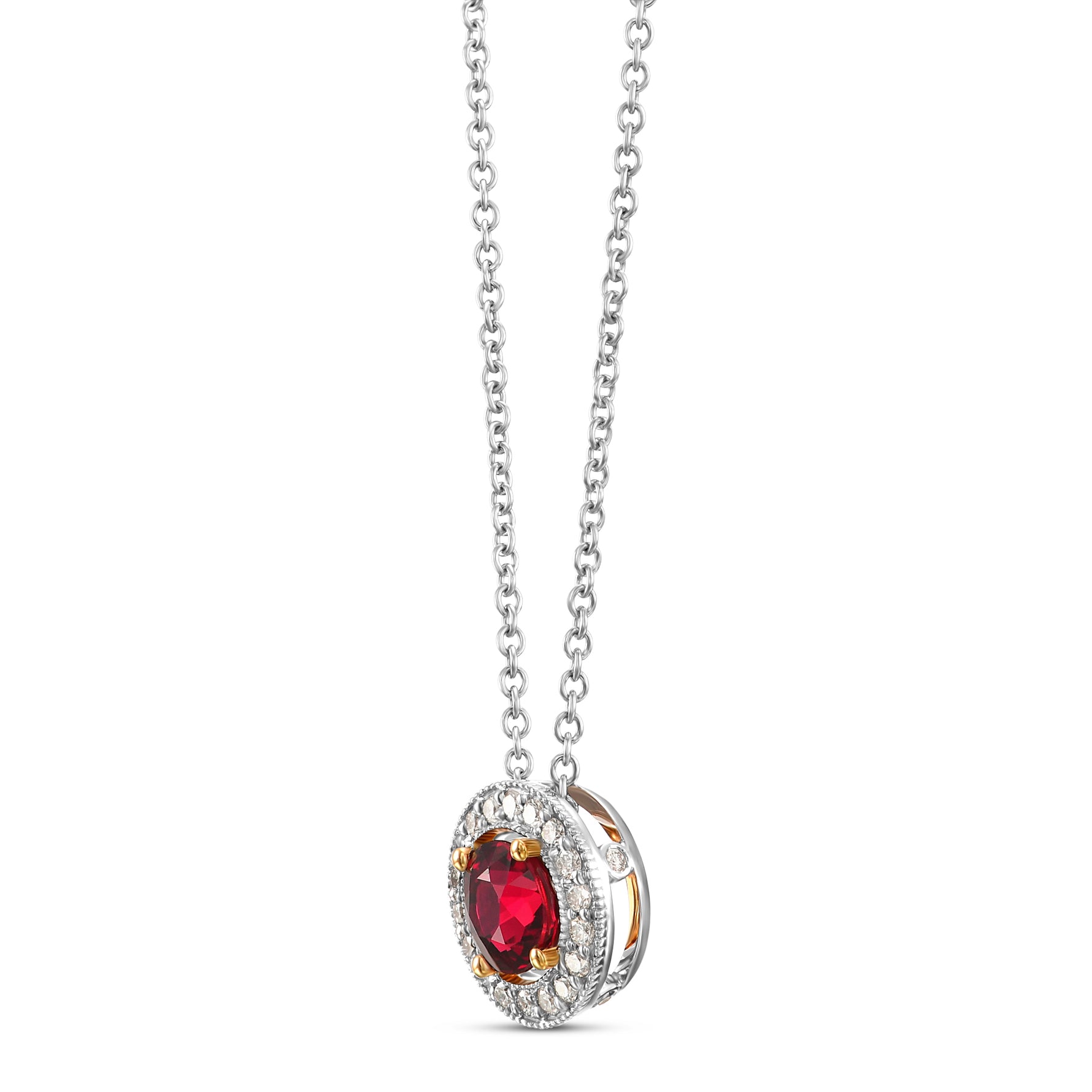 Round Red Ruby and Diamond Halo Pendant