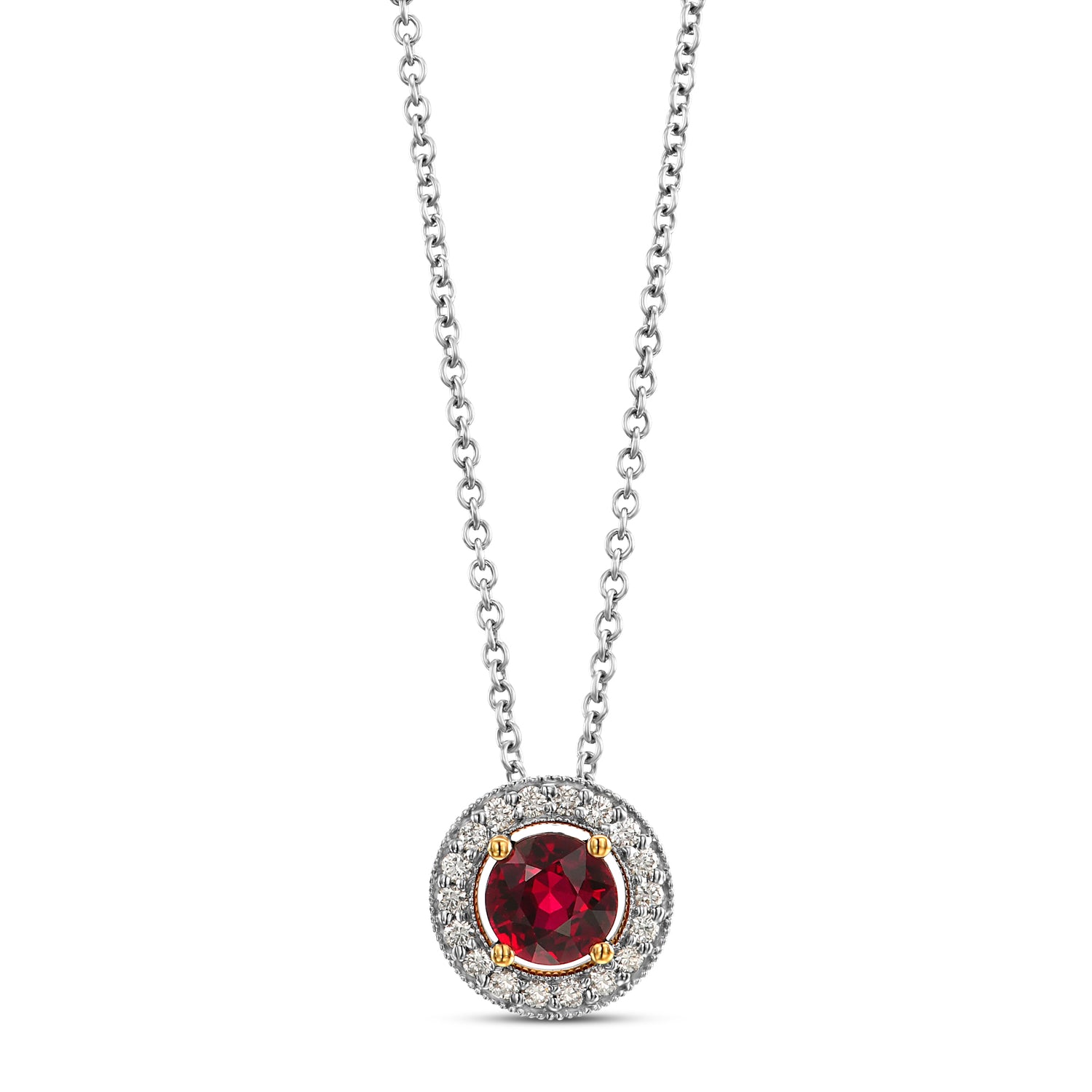 Round Red Ruby and Diamond Halo Pendant