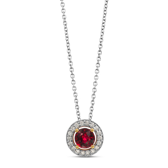 Round Red Ruby and Diamond Halo Pendant