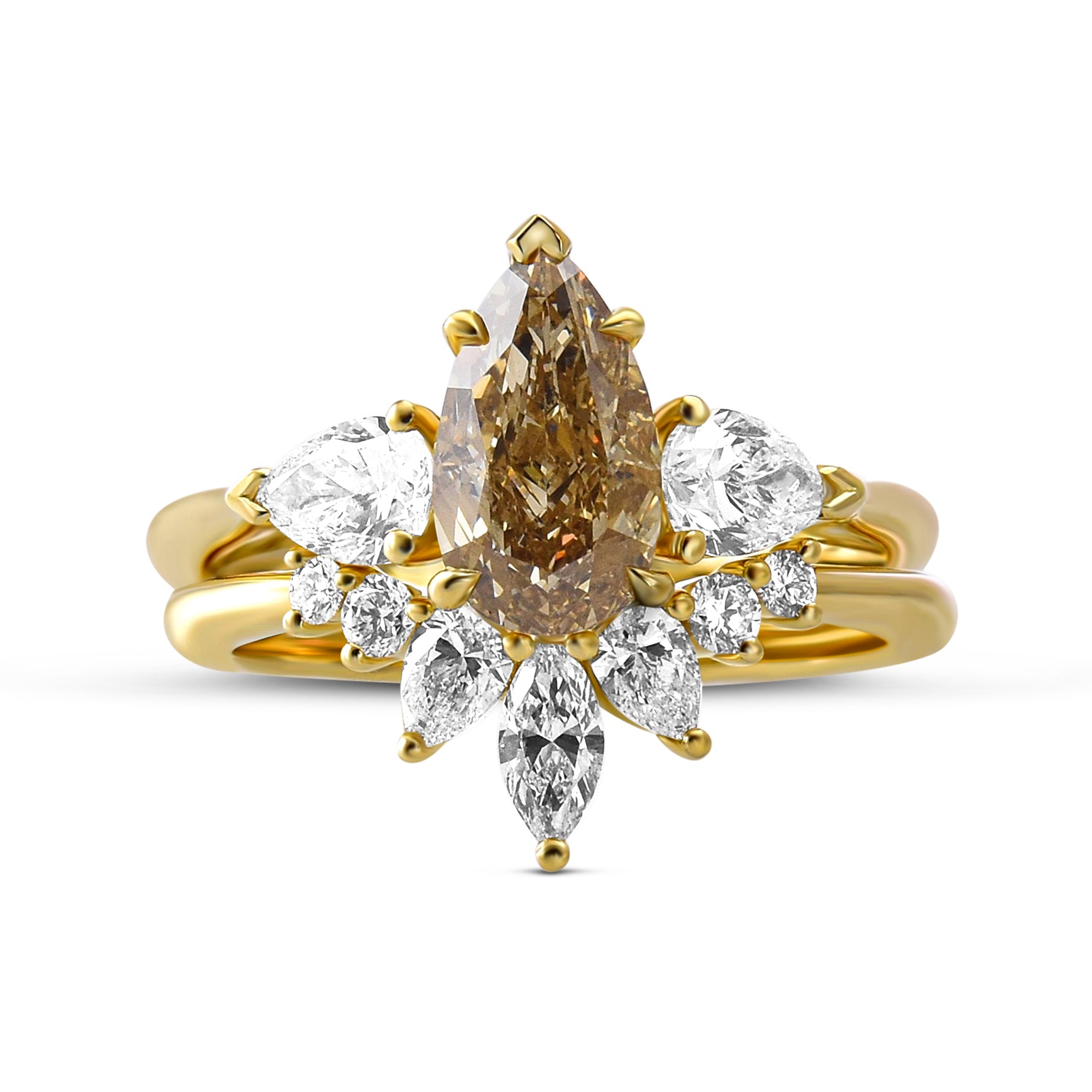 Fancy Light Yellowish Brown Pear Three-stone Diamond Wedding & Engagement Ring Set