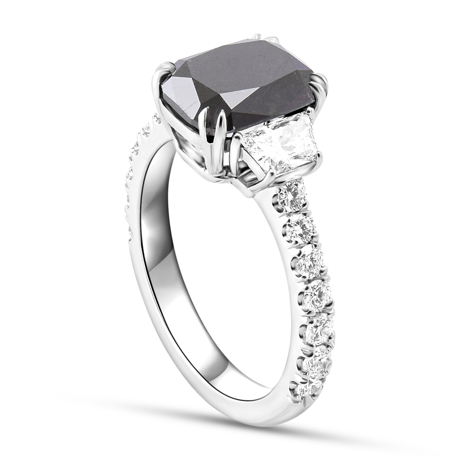 Fancy Black Cushion & Trapezoid Diamond Side-Stone Ring